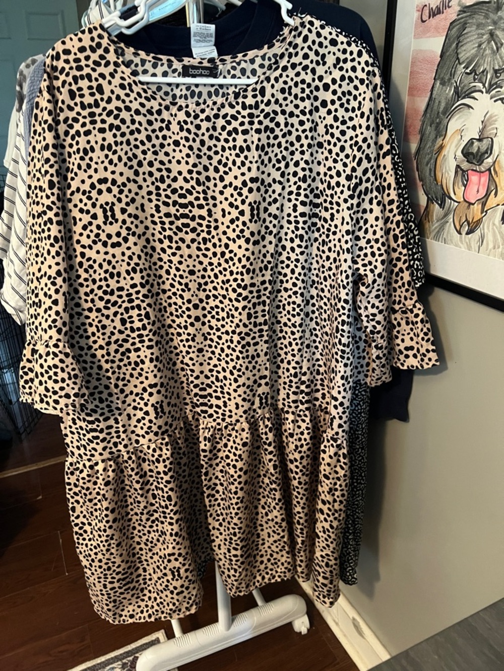 Boohoo Beige and Black Dotted Ruffle Sleeve Tiered Dress